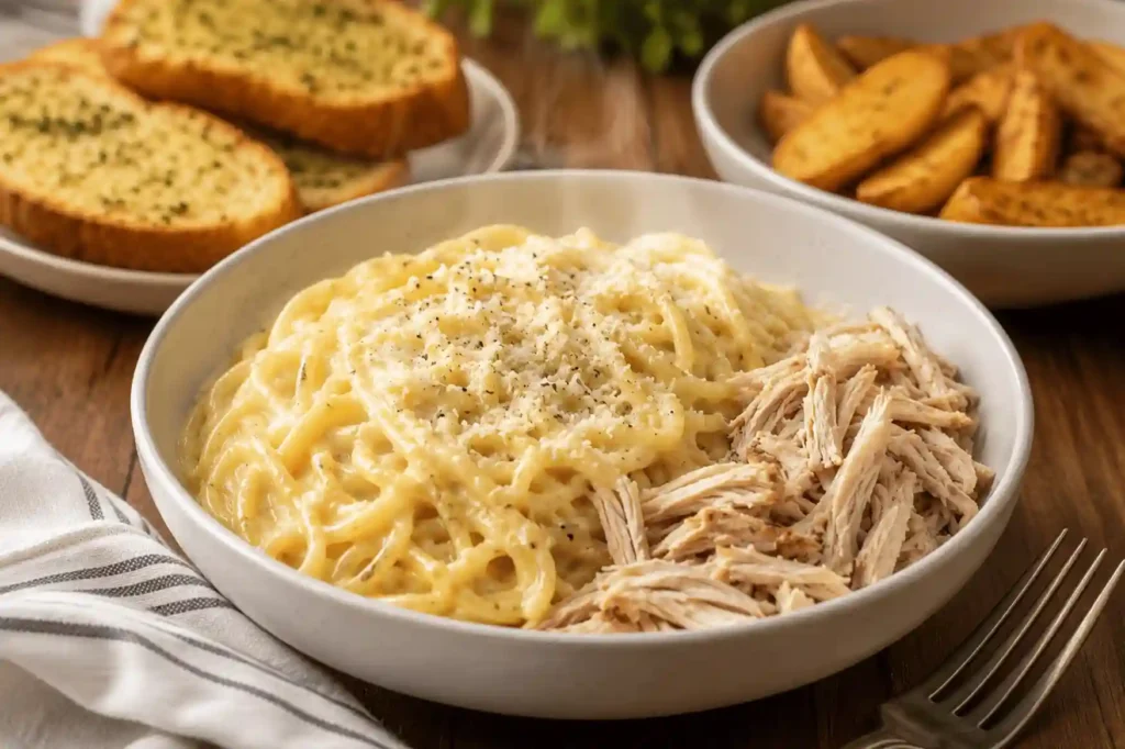 Dinner ideas for picky eaters featuring creamy buttered parmesan noodles served with shredded chicken for a quick family dinner