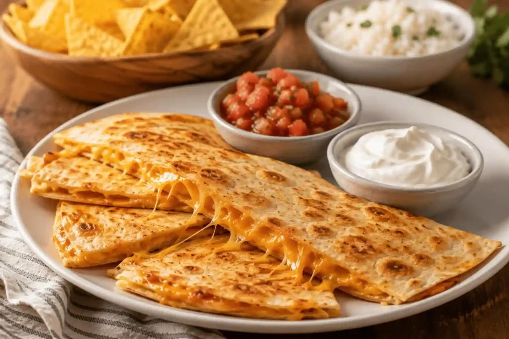 Golden crispy cheese quesadillas with melted cheddar cheese served with sour cream and mild salsa for picky eaters
