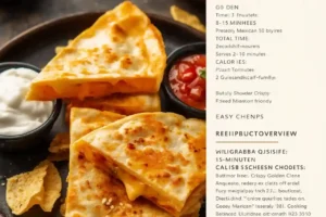 Crispy cheese quesadillas with melted cheddar cheese served with salsa and tortilla chips on a rustic wooden table