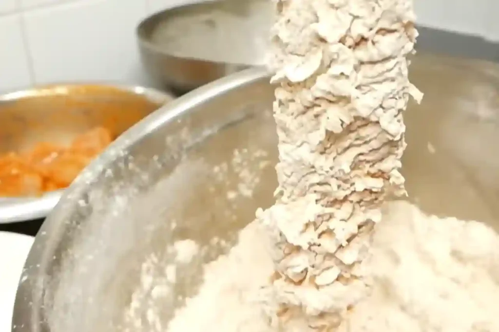 Double coated chicken tenders with crispy flour breading before frying