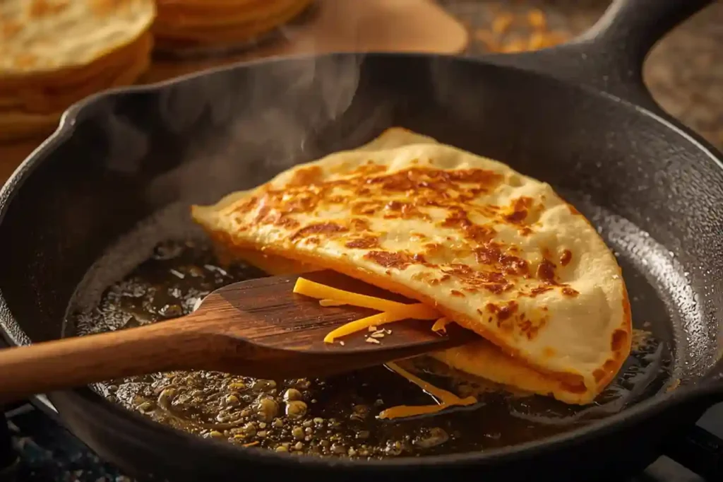 Crispy cheese quesadilla being folded and pressed in a skillet with melted cheddar cheese inside