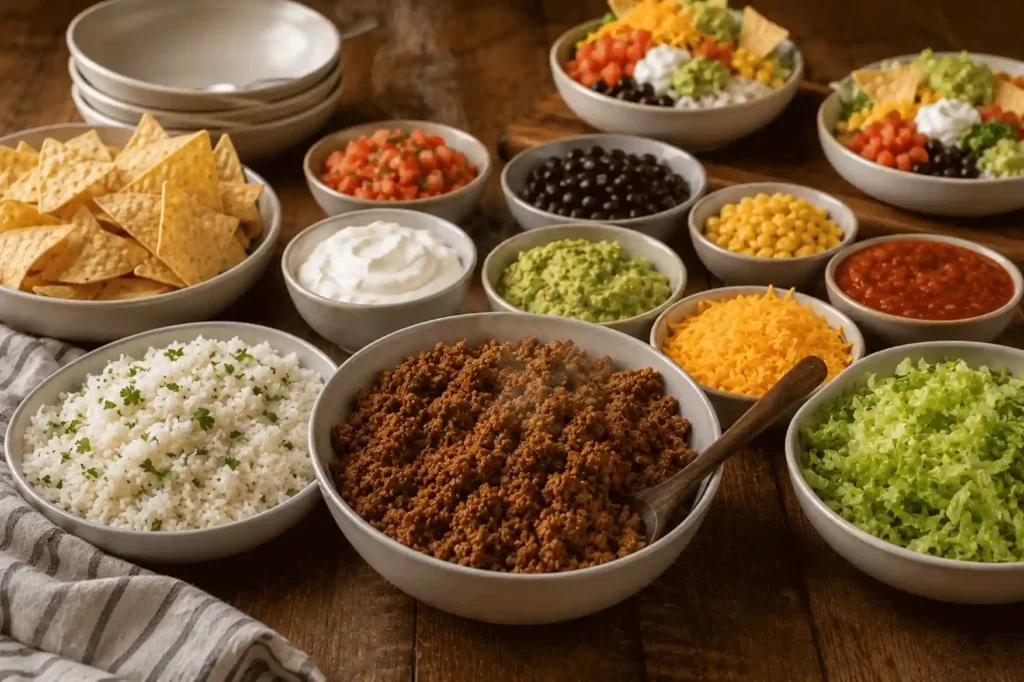 Ground beef taco bowls with rice cheese and separated toppings for picky eaters