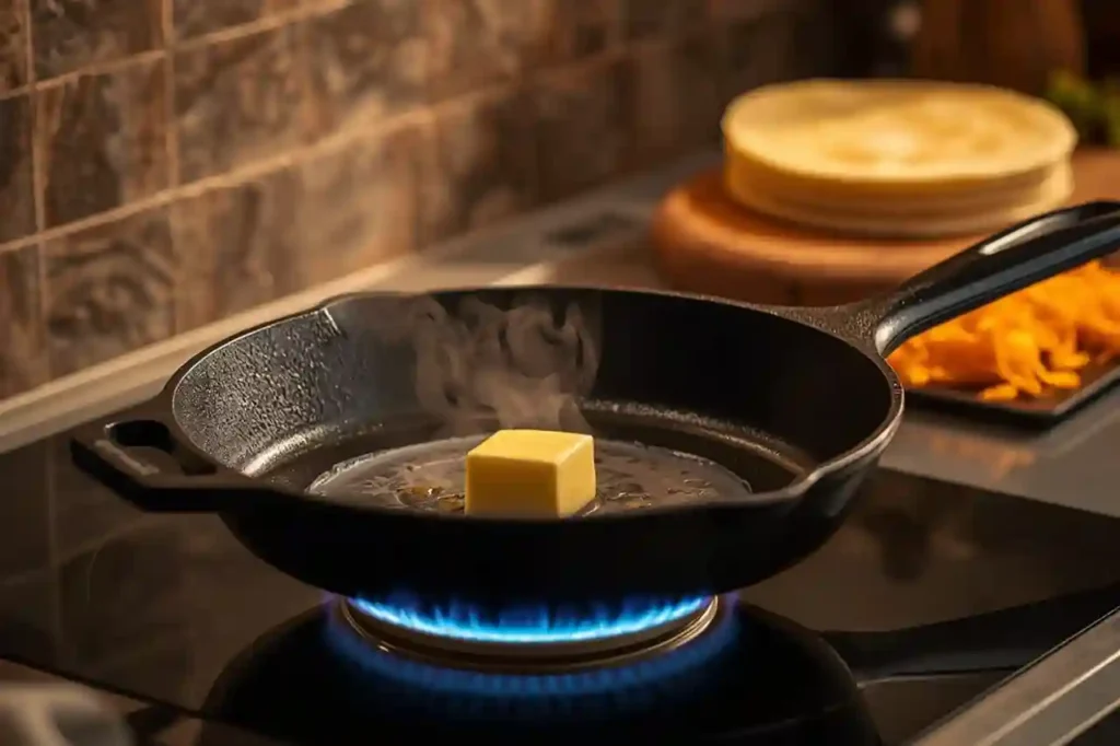 Cast iron skillet heating with melting butter for making crispy homemade cheese quesadillas