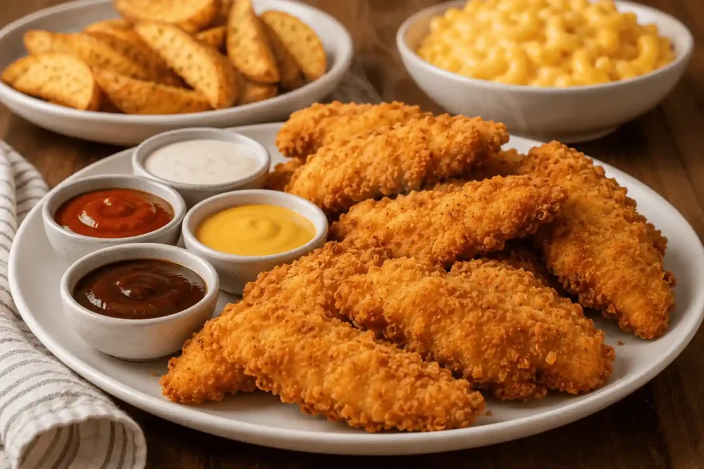 Crispy homemade chicken tenders served with dipping sauces and potato wedges