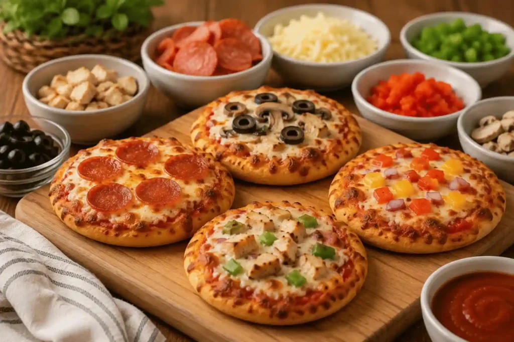Mini homemade pizzas with melted mozzarella cheese and customizable toppings on a wooden table