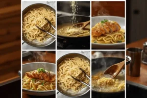 25-minute copycat Noodles & Company buttered noodles recipe with creamy garlic parmesan sauce and crispy chicken