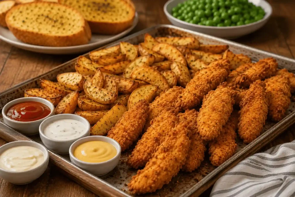 One pan chicken and potato wedges baked until crispy for picky eaters