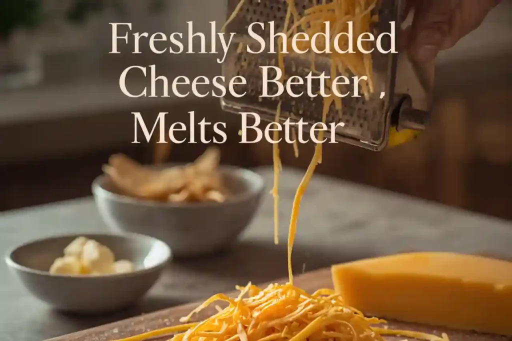 Freshly shredded cheddar cheese for crispy homemade cheese quesadillas melting smoothly in a skillet