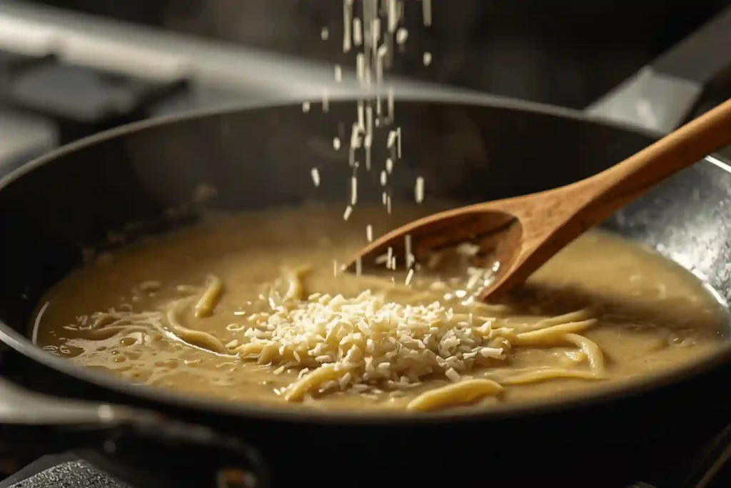 Fresh parmesan cheese melting into butter sauce for noodles