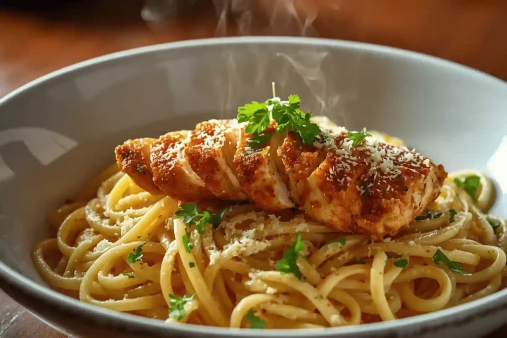 Buttered noodles served with parmesan crusted chicken