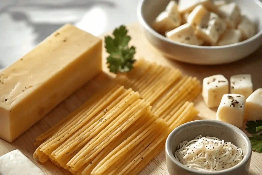 Noodles and Company buttered noodles recipe ingredients with parmesan cheese, butter, and pasta
