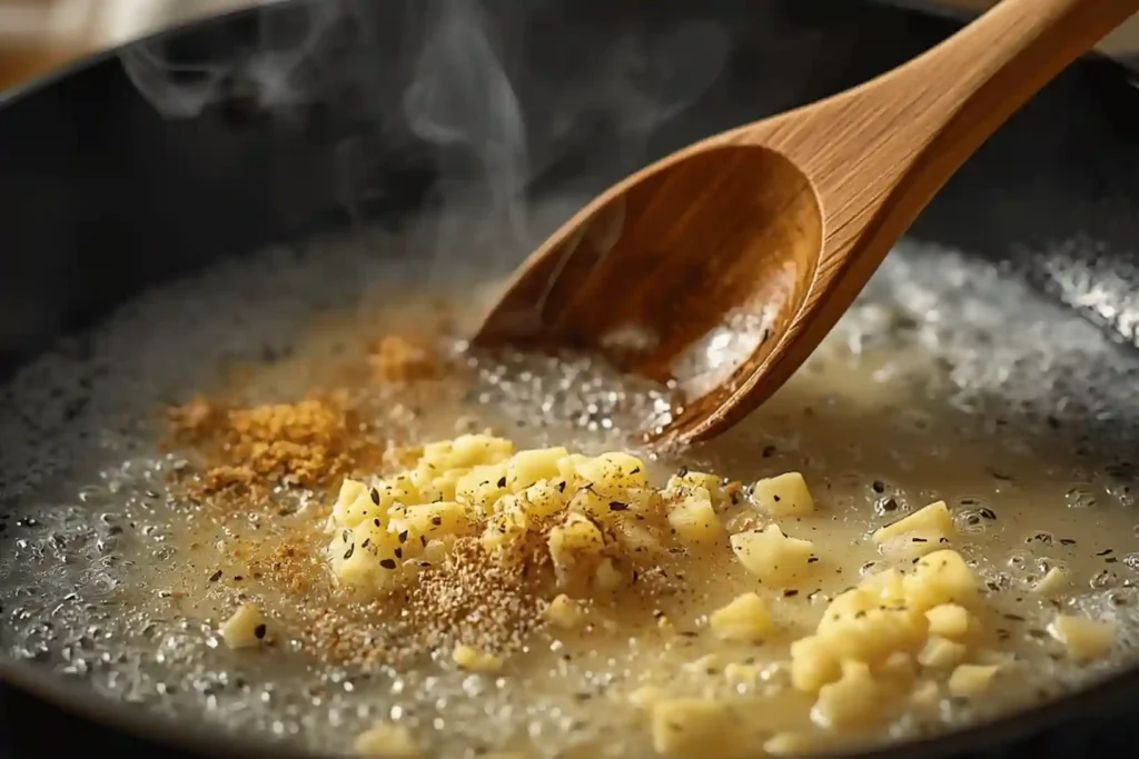 Garlic cooking in melted butter inside a skillet