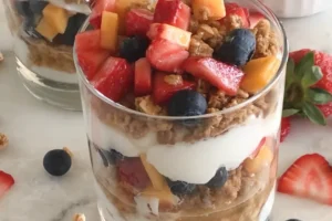 Healthy yogurt berry parfait layered with fresh berries and granola in a glass jar