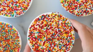 Finished dot cake covered with colorful frosting dots and rainbow sprinkles ready to serve