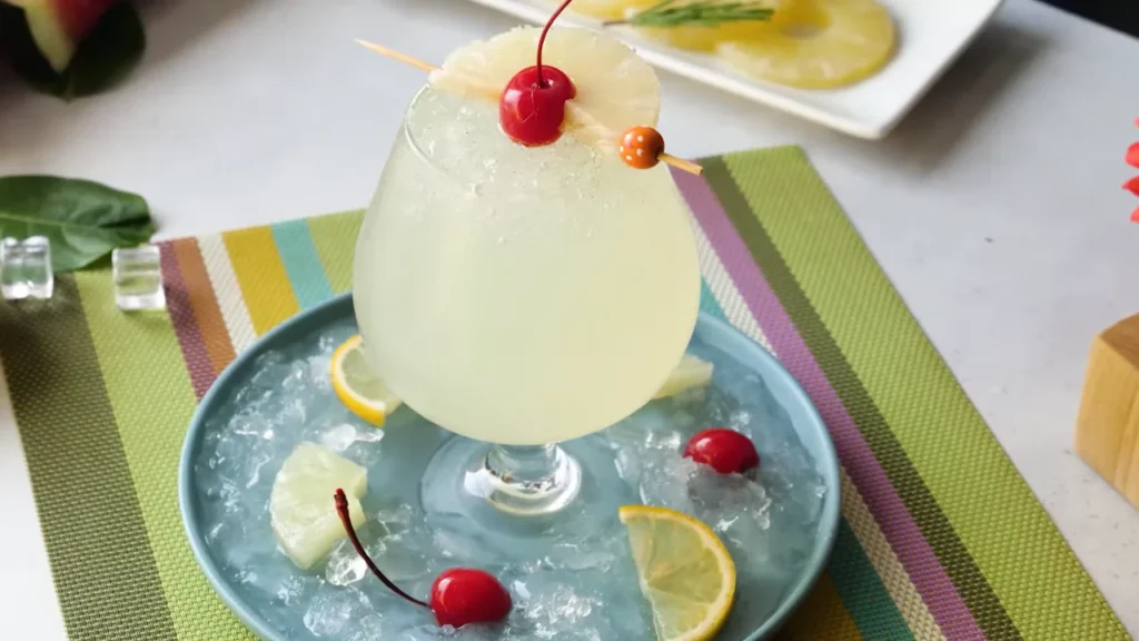 Freshly prepared cold drink garnished with cherry and pineapple slices for easy summer lemonade recipes