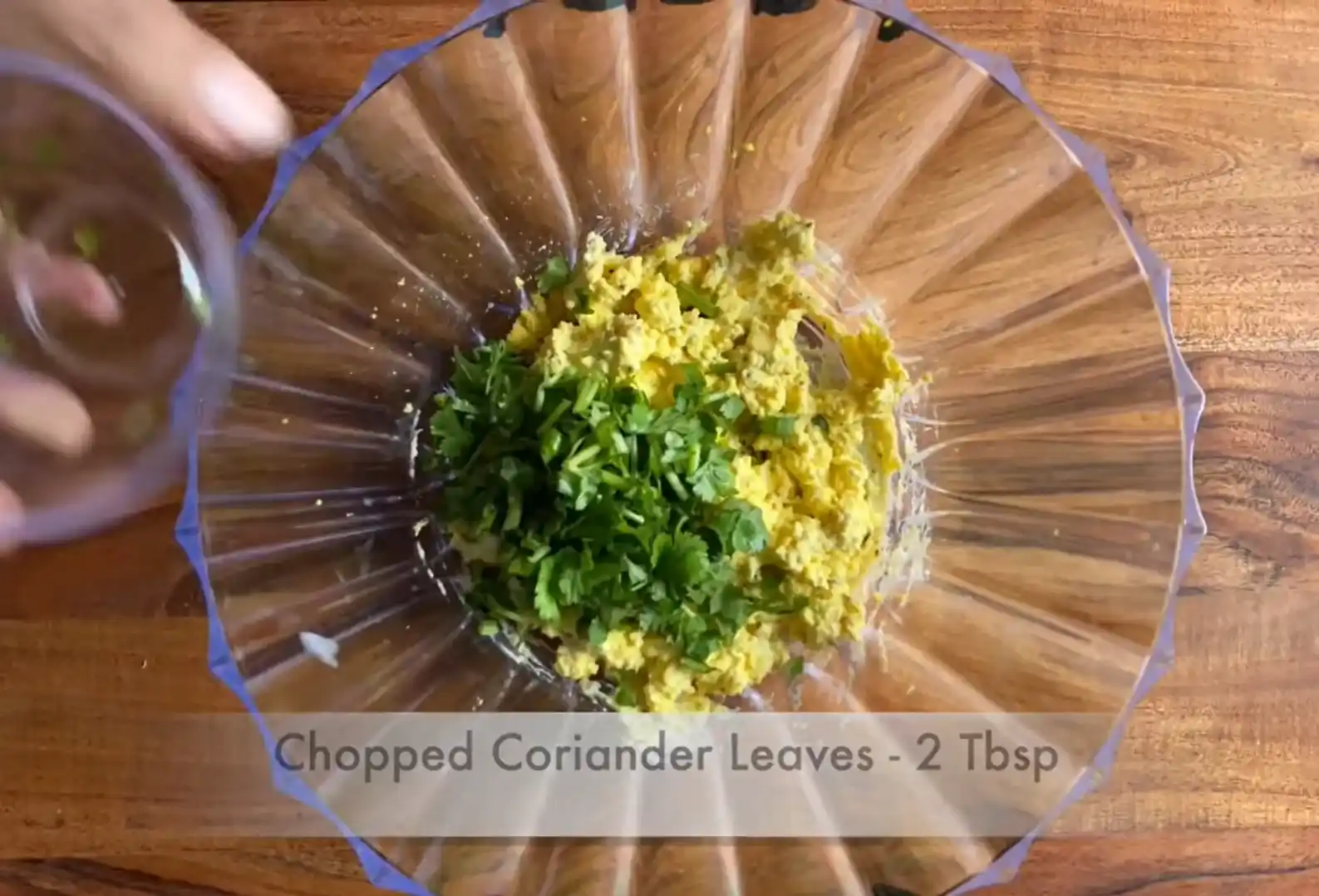 Adding fresh finely chopped coriander leaves to high protein egg salad base