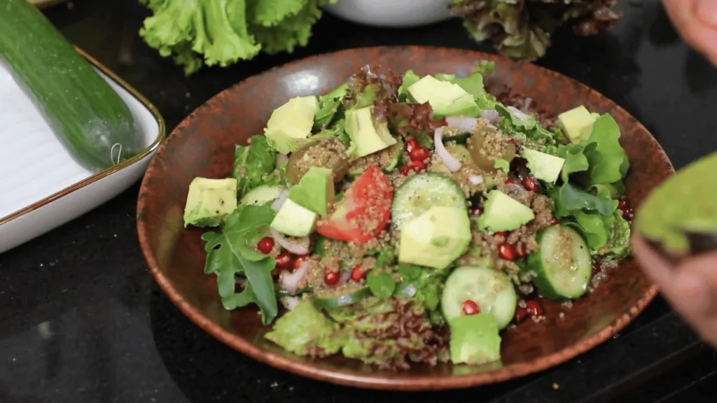 High Protein Breakfast Bowl with avocado, cucumber and fresh vegetables