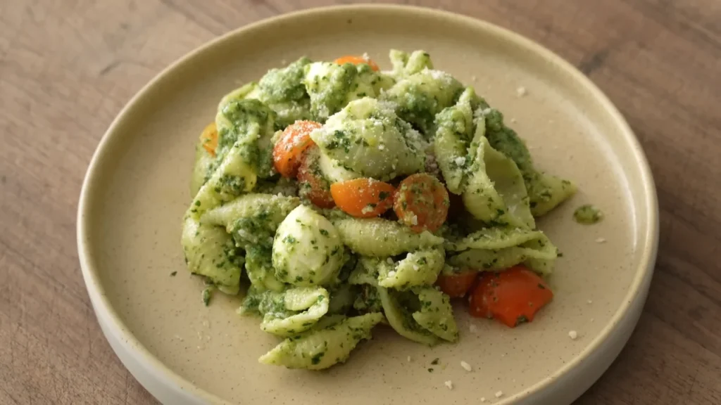 A close-up view of a green broccoli Caesar pasta salad mixed with cherry tomatoes and fresh mozzarella balls on a beige plate.