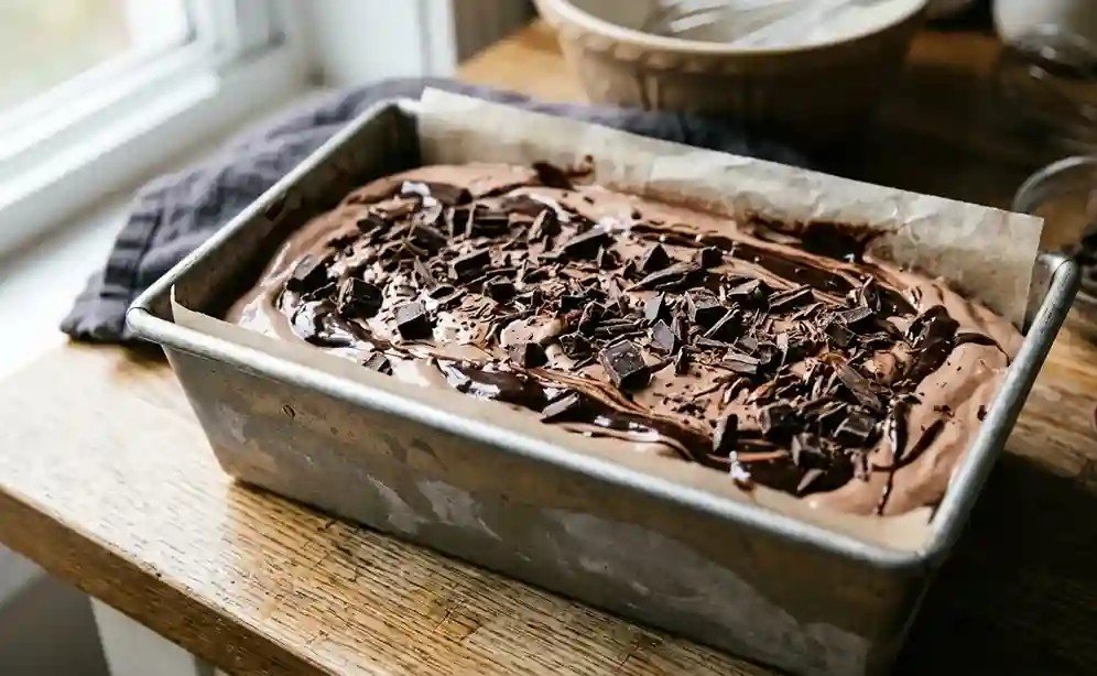 Pouring rich hot fudge swirl over the purple raspberry ice cream base in a metal loaf pan