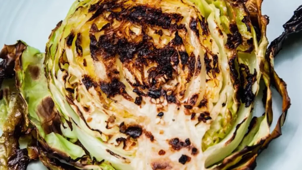 A close-up view of a thick green cabbage steak showing charred edges and a beautifully caramelized surface from being grilled.