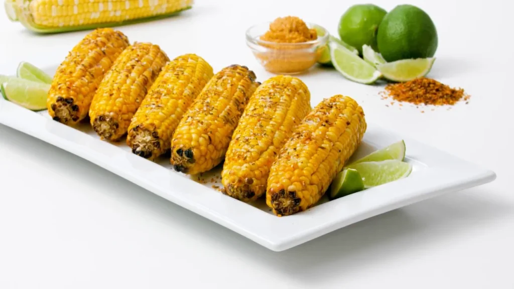 Five cobs of grilled honey-lime corn arranged neatly on a white rectangular platter, garnished with fresh lime wedges, with whole limes and a small spice dish in the background.