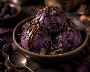 Delicious scoopable bowl of copycat Blue Bell Black Raspberry Fudge ice cream with rich chocolate fudge swirl and dark chocolate chunks