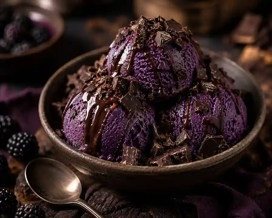 Delicious scoopable bowl of copycat Blue Bell Black Raspberry Fudge ice cream with rich chocolate fudge swirl and dark chocolate chunks