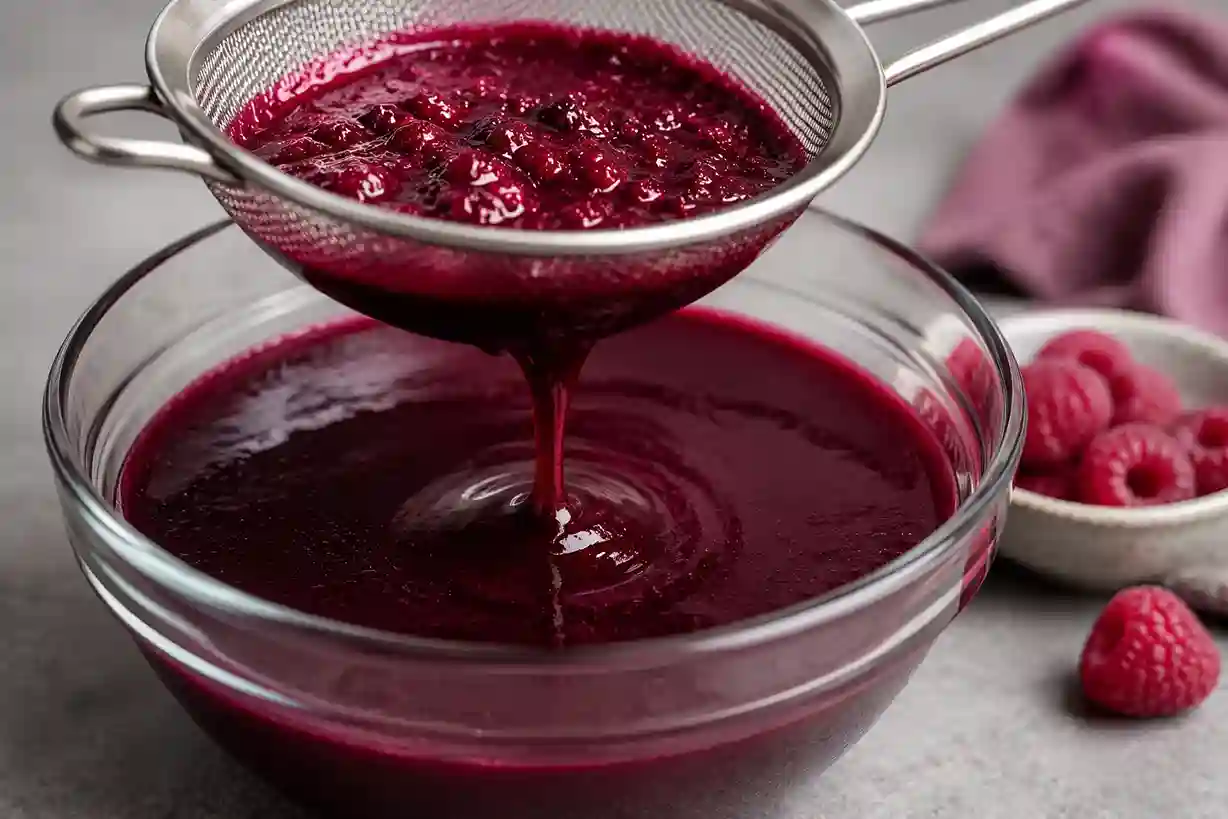 Simmering the black raspberries to create a rich, concentrated, seedless purple reduction