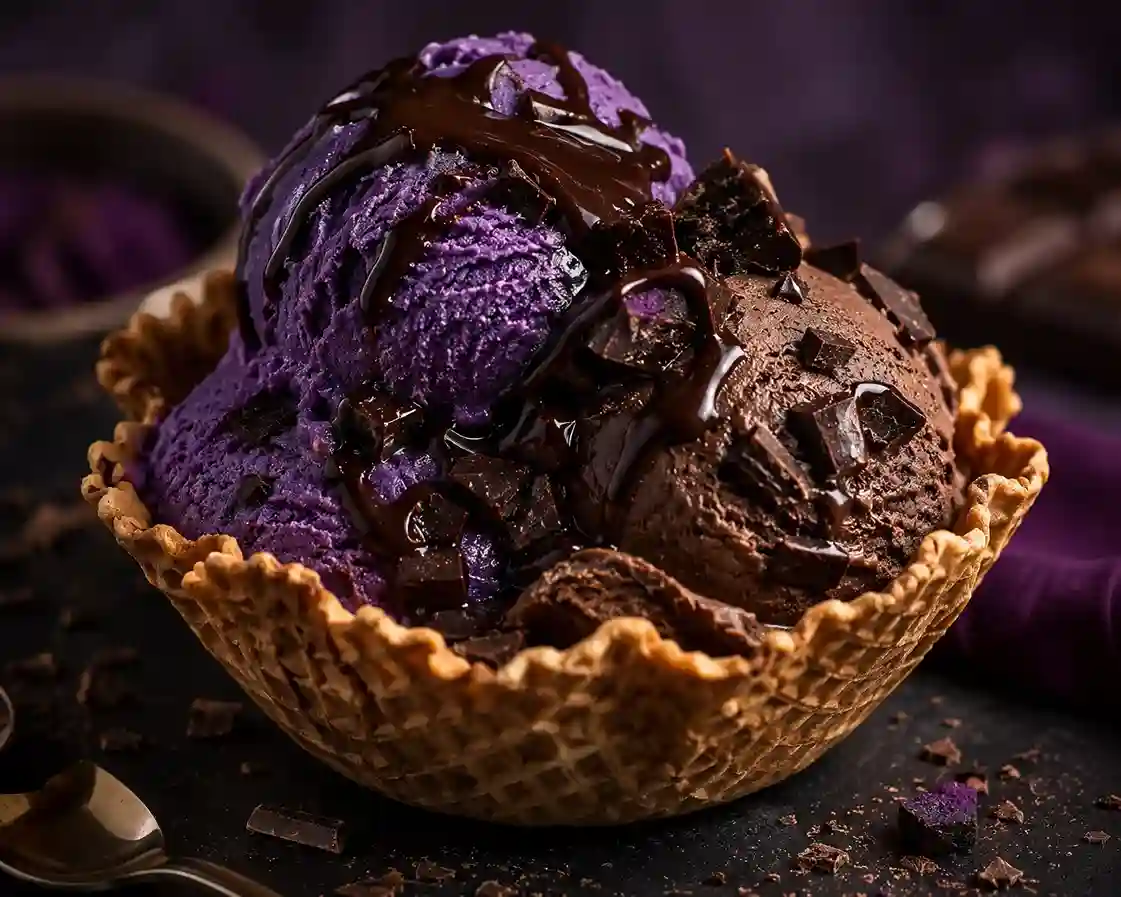 A perfect single scoop of homemade copycat Blue Bell black raspberry fudge ice cream on a clean light background
