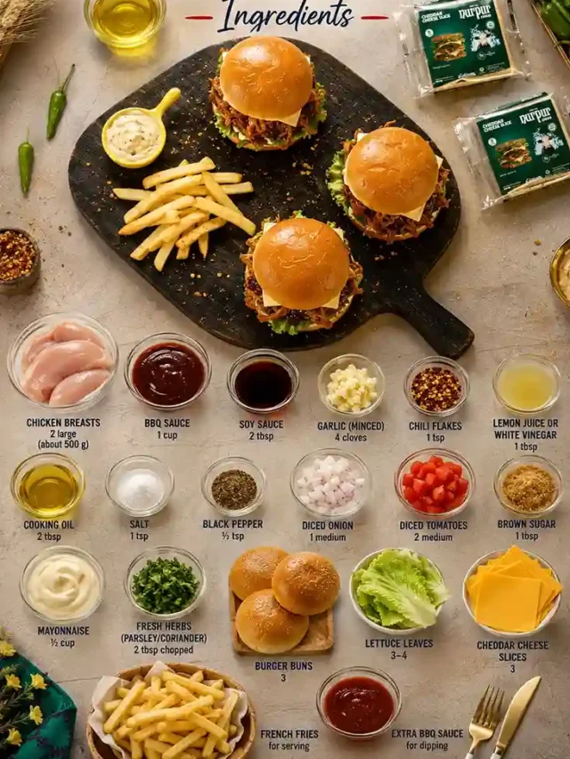 Top-view infographic of a BBQ shredded chicken cheeseburger recipe with three burgers, French fries, cheddar cheese, fresh ingredients, sauces, and American flag accents on a rustic background.