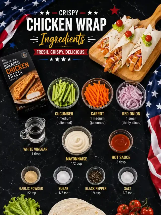 Top-view infographic of ingredients for a crispy chicken wrap recipe, including breaded chicken fillets, flour tortillas, cucumber, carrot, red onion, mayonnaise, hot sauce, garlic powder, black pepper, lettuce, cherry tomatoes, and white vinegar on a black marble background with American flag accents.