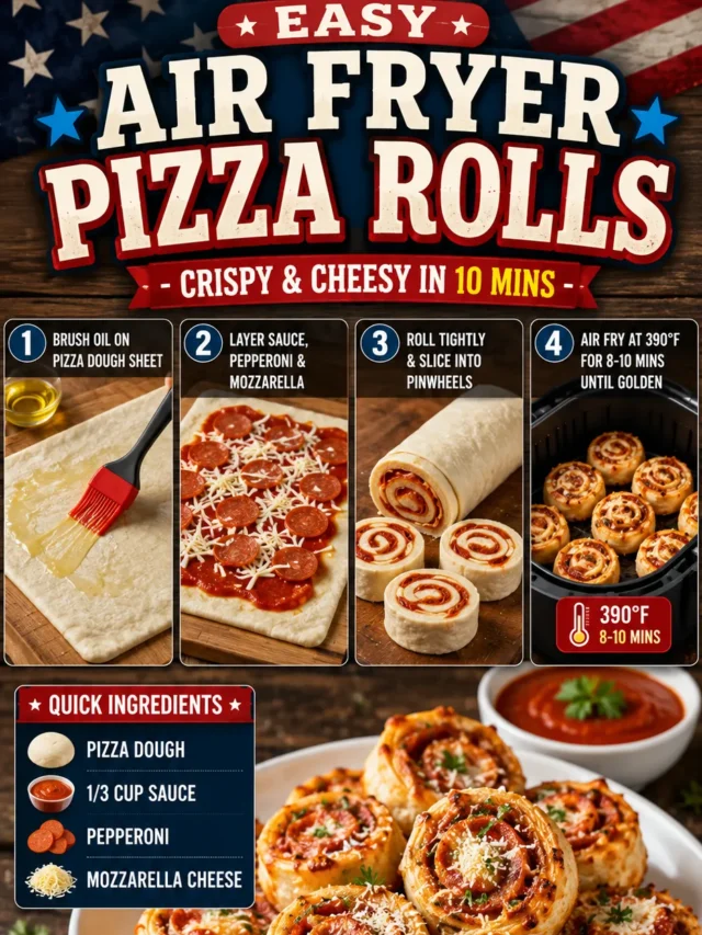 A step-by-step guide and plate of golden, crispy air fryer pizza rolls with pepperoni and mozzarella cheese.