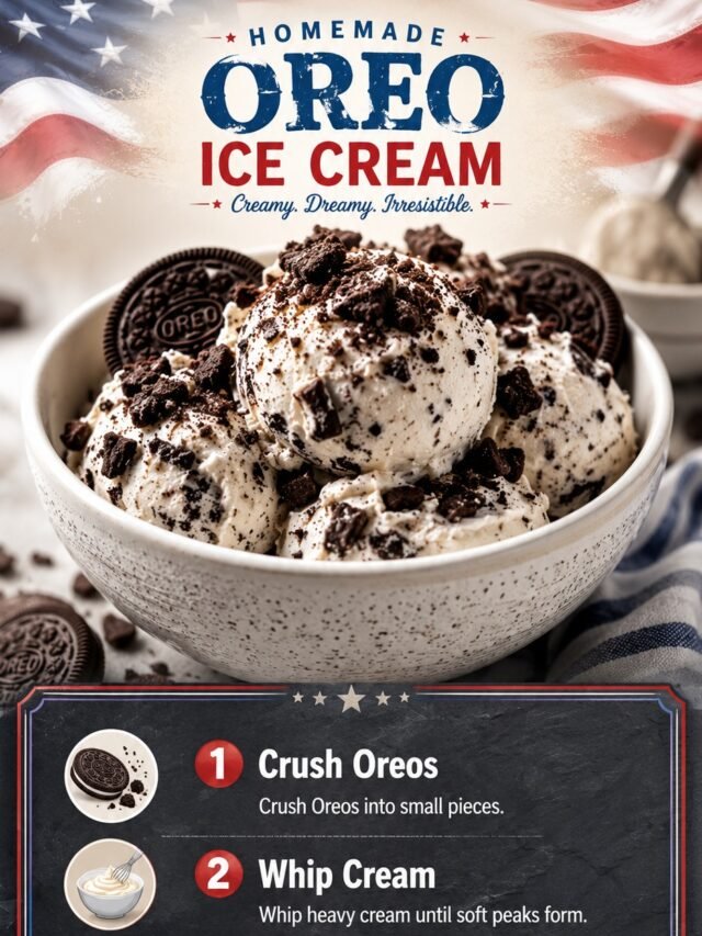 Step-by-step homemade Oreo ice cream recipe infographic featuring creamy Oreo ice cream in a white bowl with crushed cookies and a simple four-step no-churn recipe guide.