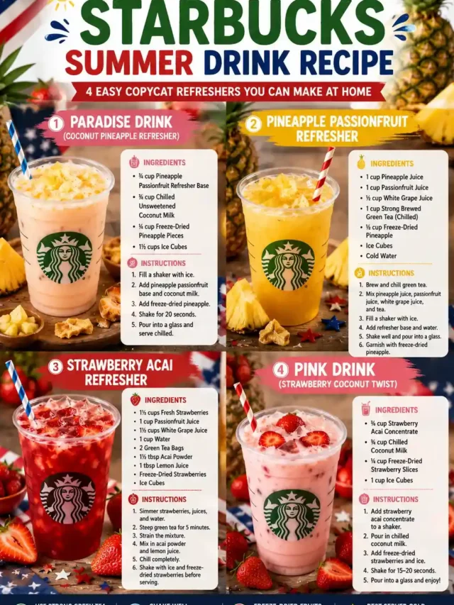 Infographic featuring four viral Starbucks summer drink recipes including Paradise Drink, Pineapple Passionfruit Refresher, Strawberry Acai Refresher, and Pink Drink with ingredients and step-by-step instructions.