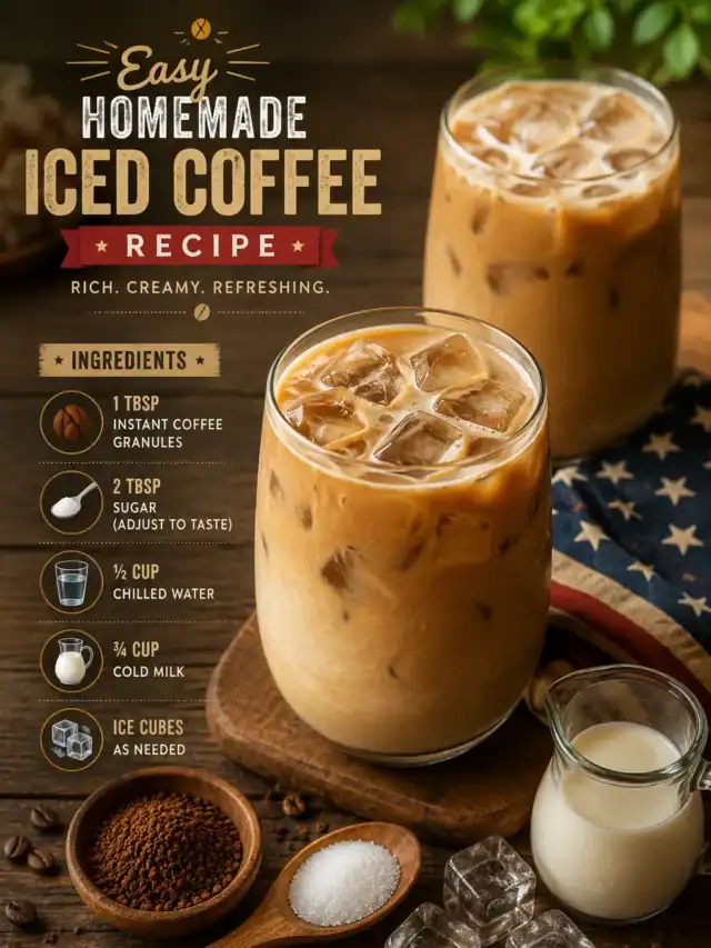 Easy Homemade Iced Coffee Recipe with instant coffee, milk, sugar, ice cubes, and creamy cafe-style iced coffee in two glasses.
