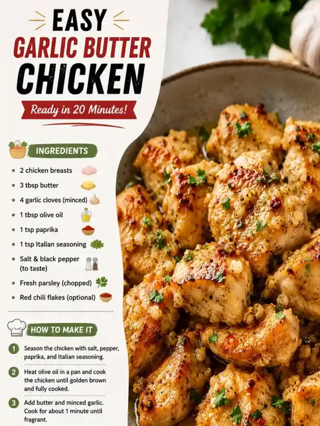 A vertical close-up shot of juicy pan-seared garlic butter chicken pieces garnished with fresh parsley for a quick dinner recipe.