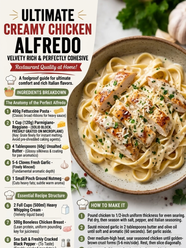 Full recipe infographic card for Creamy Chicken Alfredo with an integrated list of ingredients, measurements, step-by-step instructions, prep times, and a bowl of pasta.
