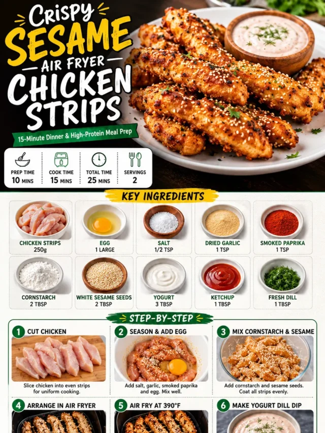 Crispy Sesame Air Fryer Chicken Strips infographic featuring step-by-step recipe, key ingredients, nutrition facts, storage tips, and creamy yogurt dill dipping sauce with an American style design.