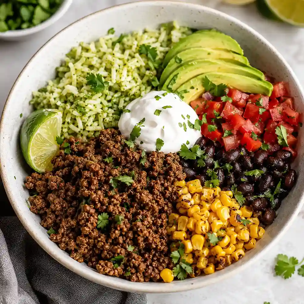 A colorful and healthy ground beef taco bowl with rice, beans, and fresh toppings