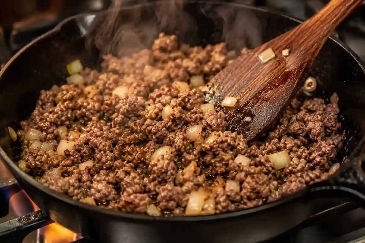 Seasoned ground beef browning in a hot cast iron skillet with diced onions
