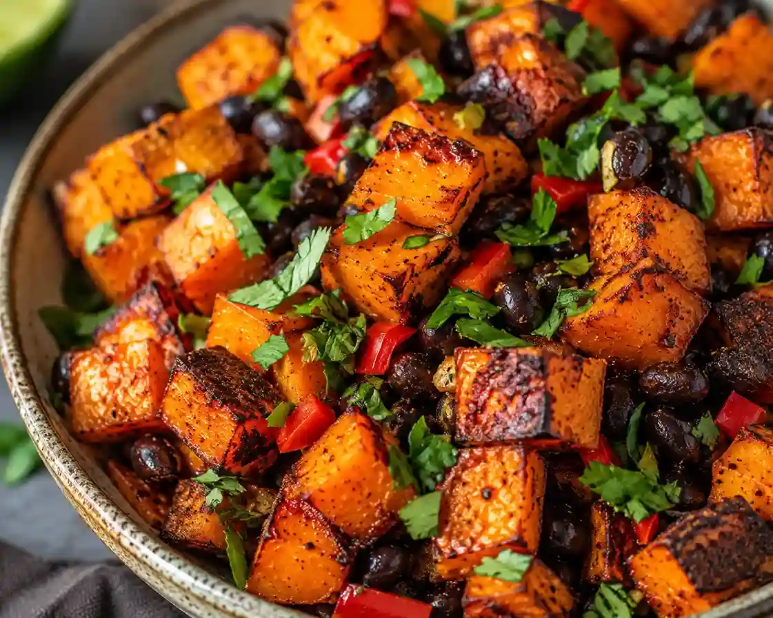 Roasted diced sweet potatoes used as a base for a healthy taco bowl variation