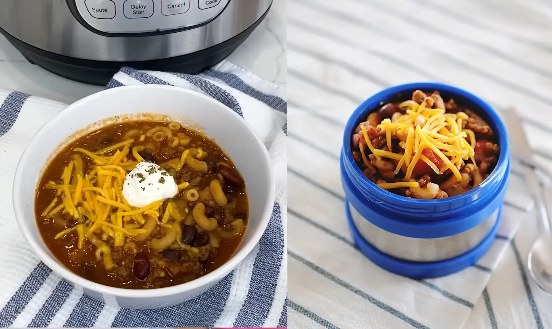 Top with shredded cheddar, then pack the leftovers for an easy lunch the next day Bowl of chili mac topped with cheddar cheese next to a packed lunch container