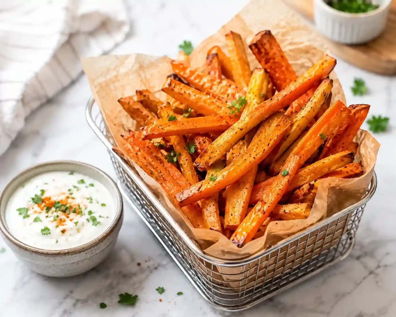 Baked crispy sweet potato and carrot fries for children