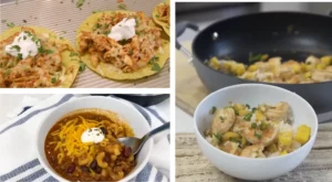 Collage of three easy weeknight dinner ideas – chicken tostadas, chili mac, and mango shrimp bowl