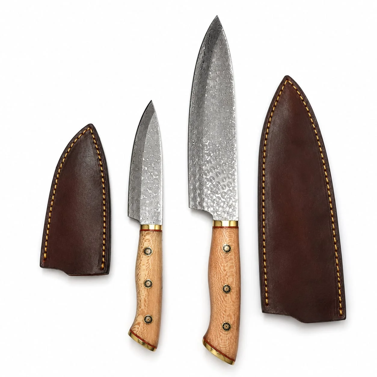 Handmade Damascus Steel Chef Knife Set 2 Pcs with Leather Sheaths