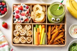 Healthy snacks for picky eaters arranged on a wooden bento tray