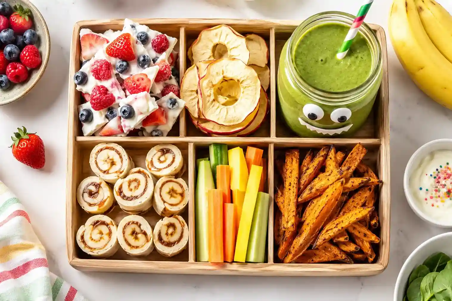 Healthy snacks for picky eaters arranged on a wooden bento tray