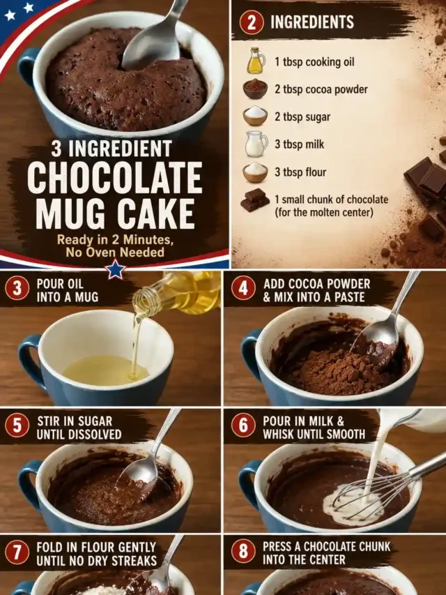 Chocolate mug cake in a blue mug with a gooey chocolate center