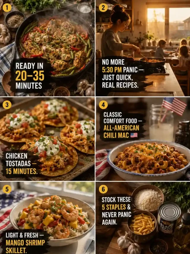 An 8-slide web story featuring easy weeknight dinner ideas including chicken tostadas, chili mac, and mango shrimp skillet, with quick recipes and meal prep tips for busy families