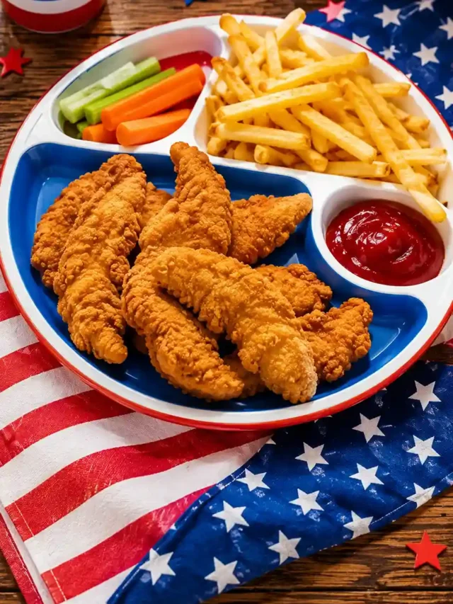 Kid friendly dinner plate with chicken tenders and American flag theme for picky eaters
